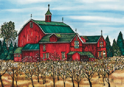 This print shows a large red barn with a dark green roof. In front of the barn is an orchard with young trees. The orchard’s grass is yellow, suggesting a hot dry summer. The picture is richly coloured.