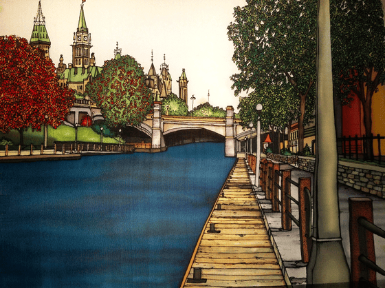 This print shows the Parliament building as seen from the Rideau Canal. The Parliament building is at the upper left of the picture and is partially obscured by trees, which are just beginning to develop their autumn colours. At the right of the picture is a boardwalk that follows the canal.  This print recreates the rich watercolours of the original painting.