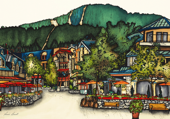 This print shows the Skier’s plaza in downtown Whistler.  A brick road weaves between vibrantly coloured storefronts and awnings. Many storefronts have fences and flower beds. To the left of the picture is the famous Crystal Lodge.