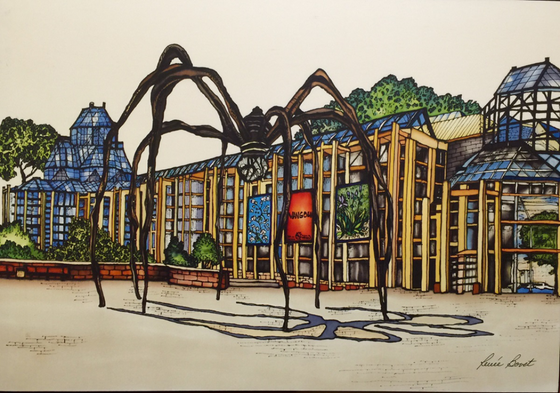 This print shows the famous Maman sculpture outside of the National Gallery of Canada. The imposing arachnoid sculpture casts a strange shadow on the ground. The outer walls of the gallery are made of bluish glass with yellow support struts. This print recreates the rich watercolours of the original painting. The artist’s signature is at the bottom right.