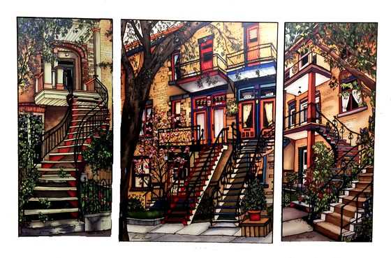 A trio of prints including Montreal Staircase print 102 “Summer on the plateau”, print 127 “Marianne street”, and print 95 “Fabre street”