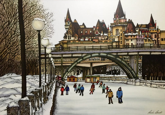 This rectangular magnet shows Ottawa's Laurier Bridge in winter. A small crowd of skaters travels along the frozen Rideau Canal. The canal is lined with snow covered street lights and dark leafless trees. The picture is richly coloured. The artist’s signature is at the bottom right. 