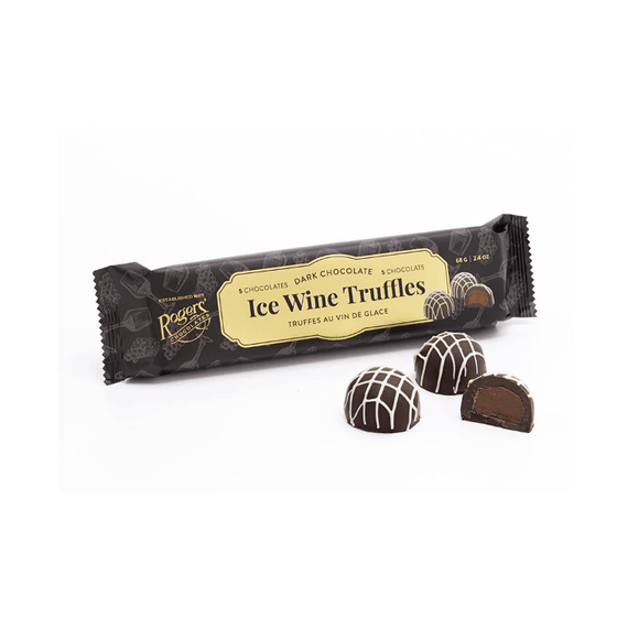 A black package with a gold label proclaiming 5 pieces of dark chocolate ice wine truffles.
