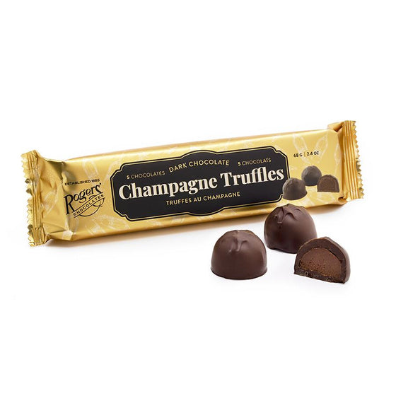 Slim rectangle with gold packaging. Black box in center of wrapping with text "Champagne Truffles." Images of semi-sphere shapes chocolate in bottom right corner. 
