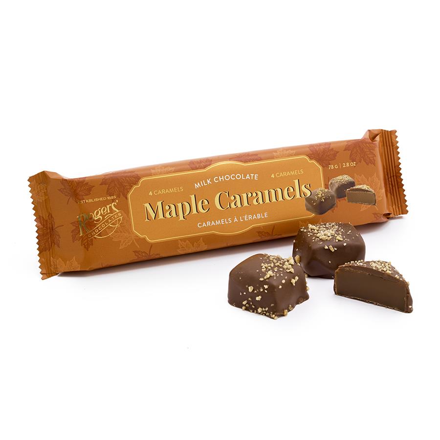 A brown package with a brown and gold lable proclaiming 4 pieces of milk chocolate maple caramels.