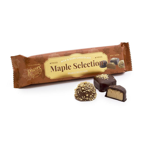 A brown package with a gold label proclaiming 4 pieces of milk and dark chocolate maple candies.