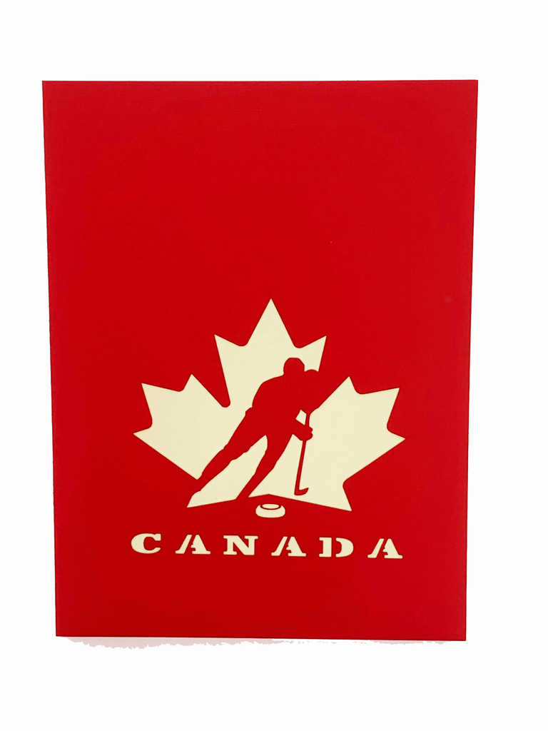Beautifully detailed hockey themed 3D pop-out art card featuring a hockey player scoring a goal into the net with a goalkeeper in front of him