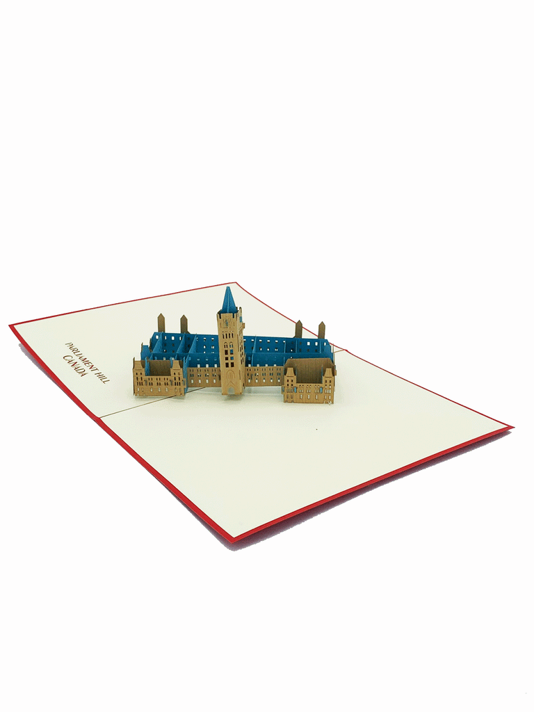 Inside of card. 3-D Parliament building that is blue and tan. Flat on the page is the text "Parliament Hill Canada".