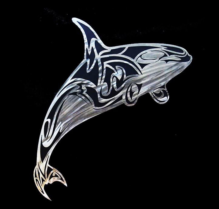 A stylized orca swims in a combination of silhouette and line art. Graceful lines of brushed steel overlaid on top of powder-coated black steel create a durable and layered piece with a powerful sense of dynamism and movement.