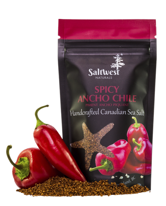 45g of Spicy Ancho Chile Sea Salt. Salt is in a black standing bag, with a picture of some spicy red peppers. There is also a transparent cutout of a starfish.