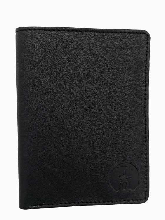 Rectangular black wallet formed using sealskin, and has an inukshuk emblem in the bottom right corner of the wallet.