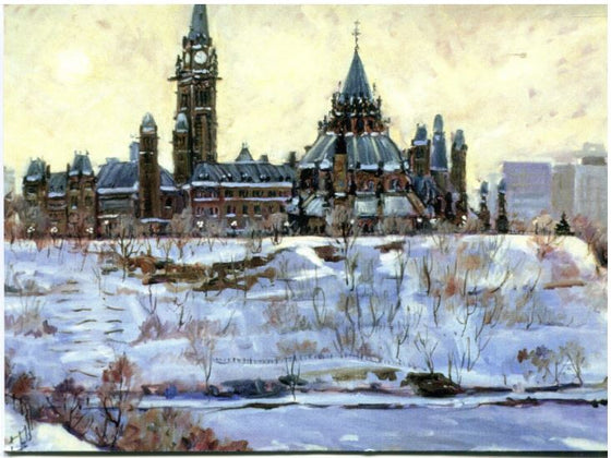 This Canadian art card is a winter seen showing the view of Parliament Hill from the National Gallery. Tragically, the Gallery itself is not visible in this painting. The afternoon sun casts a faintly yellow light on the snowy field. At the bottom of the picture the is the frozen Ottawa river. Shirley Van Dusen uses a painterly art style, giving this piece a classical feeling.
