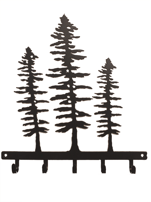 This metal sculpture shows the matte black silhouette of three Sitka pine trees. Each tree is a different size, with the largest in the middle and smallest at right. The trees are tall but slim. Their short, broad branches are about the same length along the whole tree, except at the top where they form a point. At the base of the trees is a narrow metal strip from which five hooks emerge. The metal strip has two holes punched through it, allowing the piece to be nailed or screwed into a wall.