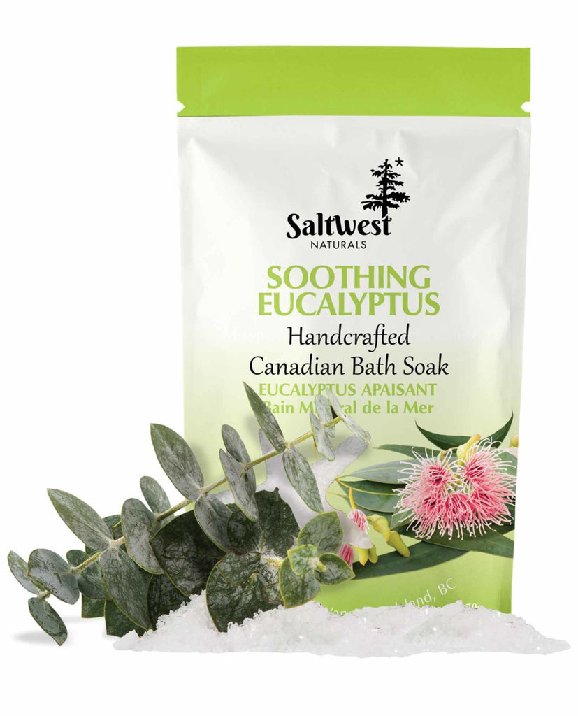 70 grams of Soothing Eucalyptus bath soak in a white and green standing bag. 