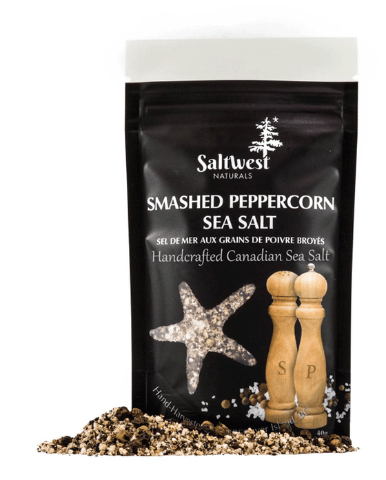 45g of Smashed Peppercorn Sea Salt. Salt is in a black standing bag, with a picture of Salt and Pepper shakers. There is also a transparent cutout of a starfish.
