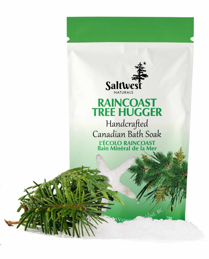 70 grams of Raincoast Tree Hugger bath soak in a white and green standing bag. 