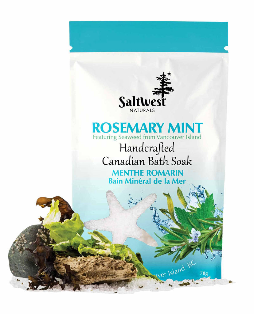 70 grams of Rosemary Mint bath soak in a white and blue standing bag. 