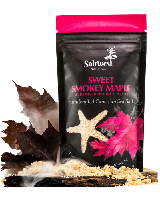These Canadian-made salts are handcrafted from the waters off of the West Coast of Vancouver Island. This salt is smoked in small batches using hardwood Maplewood which is then blended with real Canadian Organic sweet maple. All natural, vegan, and gluten free. Ingredients: Certified Organic Canadian Maple Sugar, maplewood smoked Canadian sea salt. Each bag contains 40g of sea salt. 