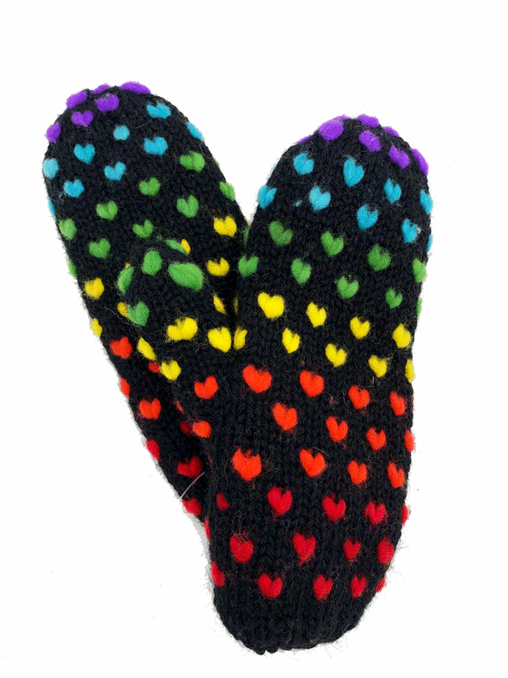 Hand Knit Thrummed Heart Mittens - Black
