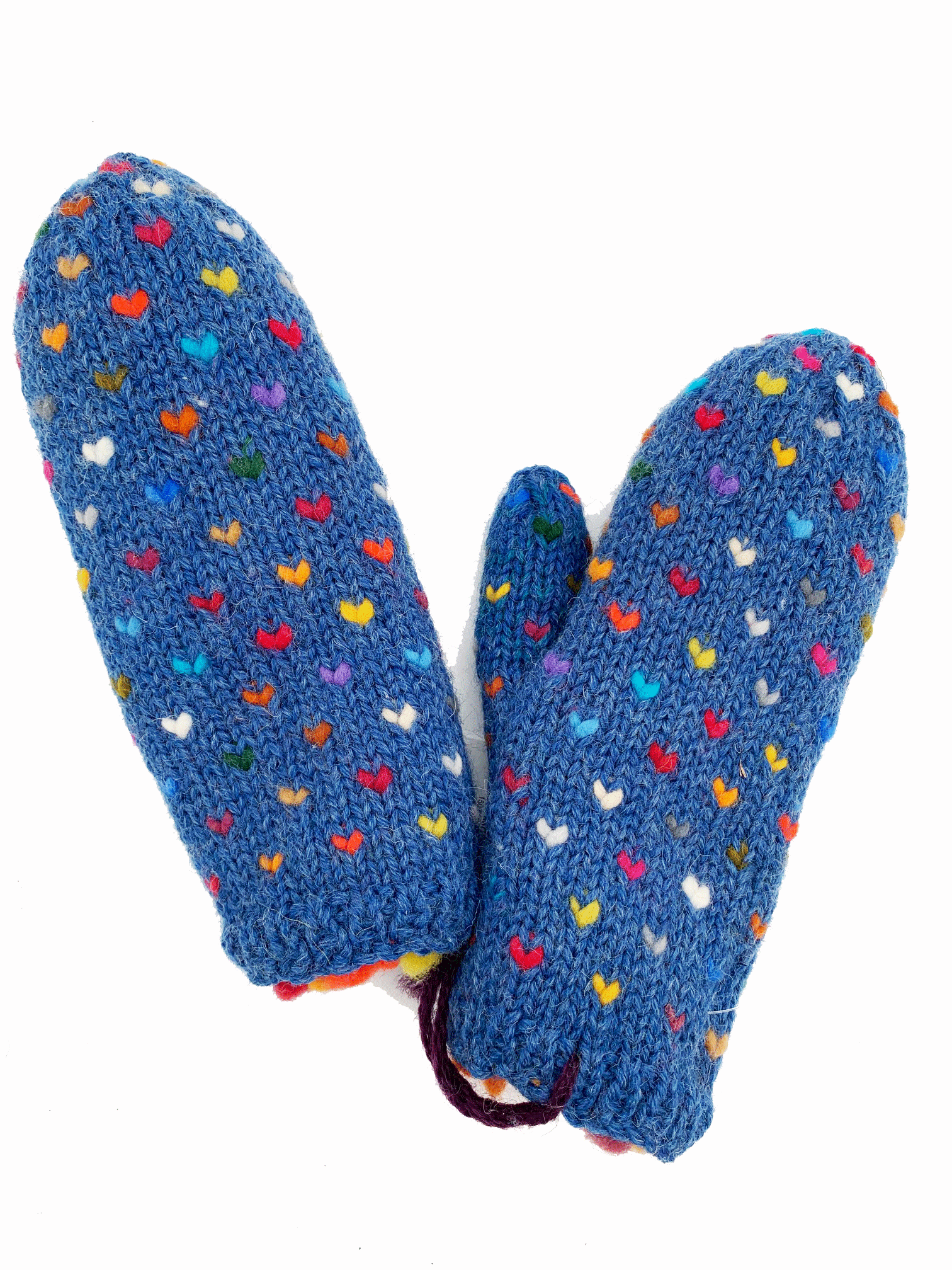 Hand Knit Thrummed Heart Mittens Blue - Main Image