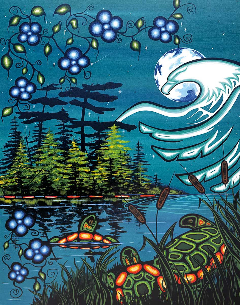 This indigenous print depicts a nighttime scene of a river and pine trees using mix of realistic and First Nations styles. Three green turtles drawn in the Woodlands art style emerge from realistic cattails. A pale Egle spirit watches over the realistic pine trees on the far bank of the river. The left side of the painting is framed by abstract blue flowers. This Canadian indigenous print was created by William Monague, an Ojibway artist from southern Georgian Bay.