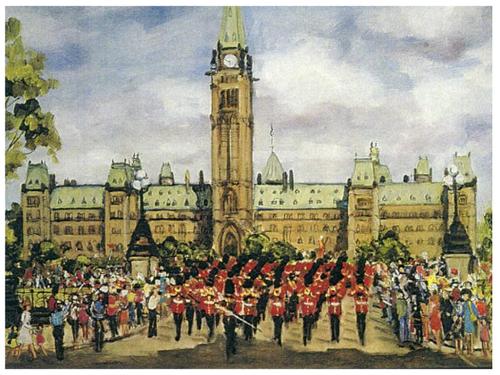 This Canadian art card shows the front of Parliament Hill and the Peace Tower. A group of soldiers wearing ceremonial outfits are performing the changing of the guard. A crowd is gathered at the road side to watch them. Shirley Van Dusen uses a painterly art style, giving this piece a classical feeling.
