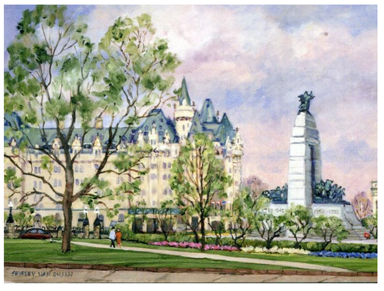 This Canadian art card shows Confederation square and the Canadian National War Memorial on a bright clear day. The square is surrounded by decorative trees and flowers. A couple walks down a side walk beside the memorial. Shirley Van Dusen uses a painterly art style, giving this piece a classical feeling.
