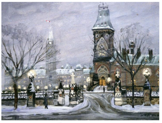 This Canadian art card shows part of Parliament Hill’s East Block, with Center block visible in the background. This scene takes place on a moody, windy winter’s evening. Careful brushwork shows the intense snowy wind blowing through the area. However, the numerous street lamps surrounding the parliament add brightness to the scene. Shirley Van Dusen uses a painterly art style, giving this piece a classical feeling.