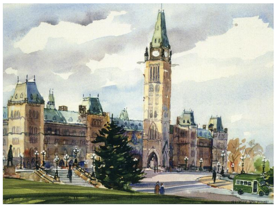 This Canadian art card shows the front of Parliament hill. The sun is low in the sky and casts soft shadow on the Center block, but the Peace tower is still well lit. A few people walk around the front of the hill. Shirley Van Dusen uses a painterly art style, giving this piece a classical feeling.