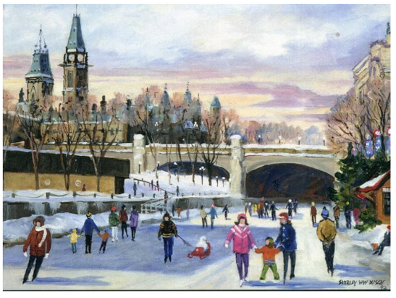 This Canadian art card shows several people skating on the frozen Rideau Canal. Several families have brought their children, and are helping the children to stand or pulling them on sleighs. A large bridge, possibly Mackenzie King Bridge, passes over the Canal. Shirley Van Dusen uses a painterly art style, giving this piece a classical feeling.
