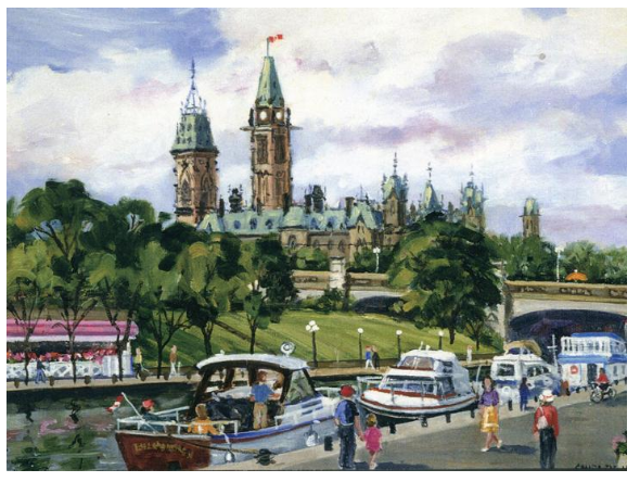 This Canadian art card shows several small boats docked on the Rideau Canal. There is a bandstand with a red roof on the far side of the Canal, and the Peace Tower can be seen in the distance. Shirley Van Dusen uses a painterly art style, giving this piece a classical feeling.