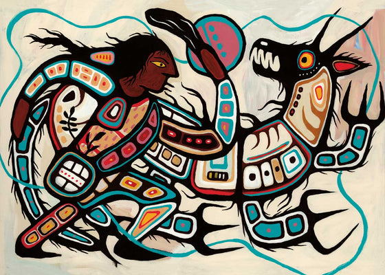 Waynaboozhoo strikes a Mishipishu, or water lynx, with a club. Waynaboozhoo stands with his weight forward on one leg, arm swinging downward. The Mishipishu is a large creature with clawed feet, fangs, a long tail, and two horns. It stares back at Waynaboozhoo with wide-eyed distress. Numerous concentric rectangles create the details of Waynaboozhoo’s clothes and satchel and the Mishipishu’s body. This Canadian Indigenous print was created by Ojibway artist Joshua Pawis-Steckley. 