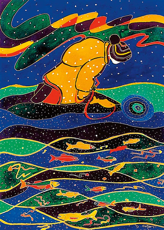 A person wearing a yellow snowsuit and a hat kneels at the edge of a frozen river. They have caught a fish on a fishing line. To their right is an ice fishing hole. Beneath the figure is a multicoloured abstract river filled with fish. The picture is covered with white spots, suggesting snow. This Canadian Indigenous print was painted by Dawn Oman, a Dene artist from Yellowknife, North West Territories.