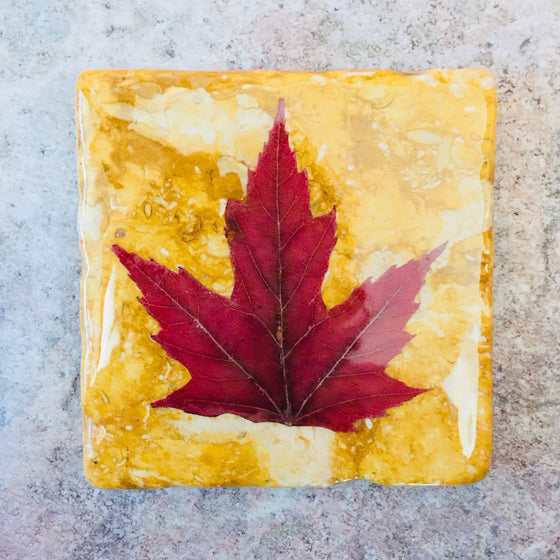 A square yellow piece of marble featuring a single red maple leaf.